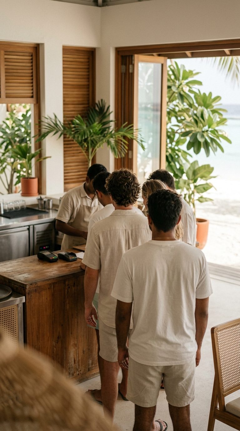 Guests waiting in a queue at a single till