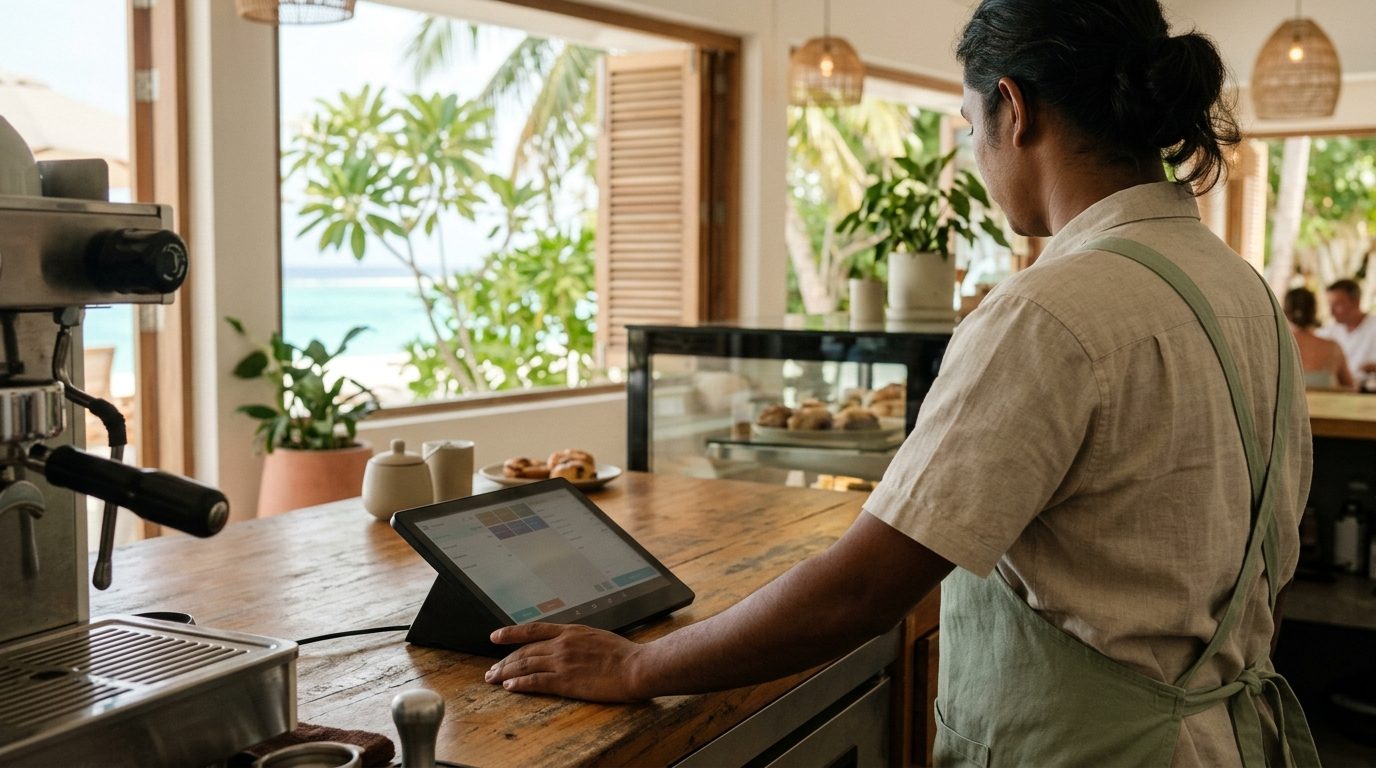 Counter staff taking an order on the Foodops till, lagoon beyond
