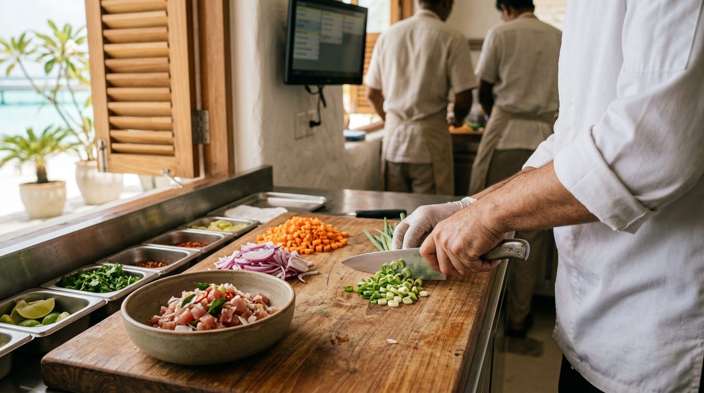 Sous chef prepping ingredients tracked by recipe costing
