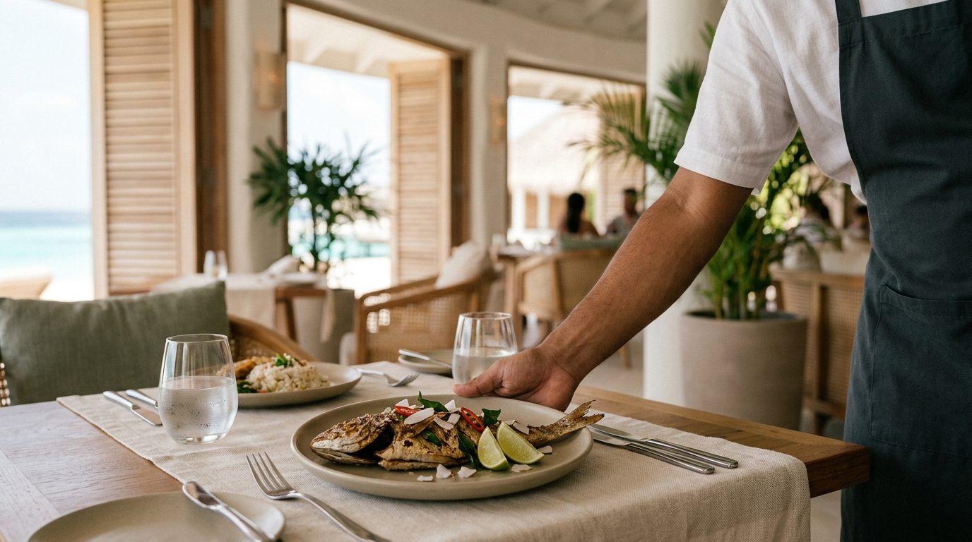 Waiter serving a table using the Foodops waiter app