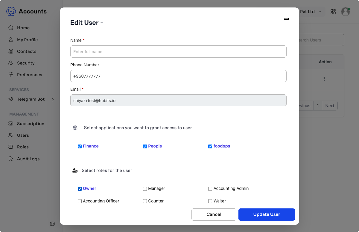 Edit User panel (legacy SSO) showing app permissions