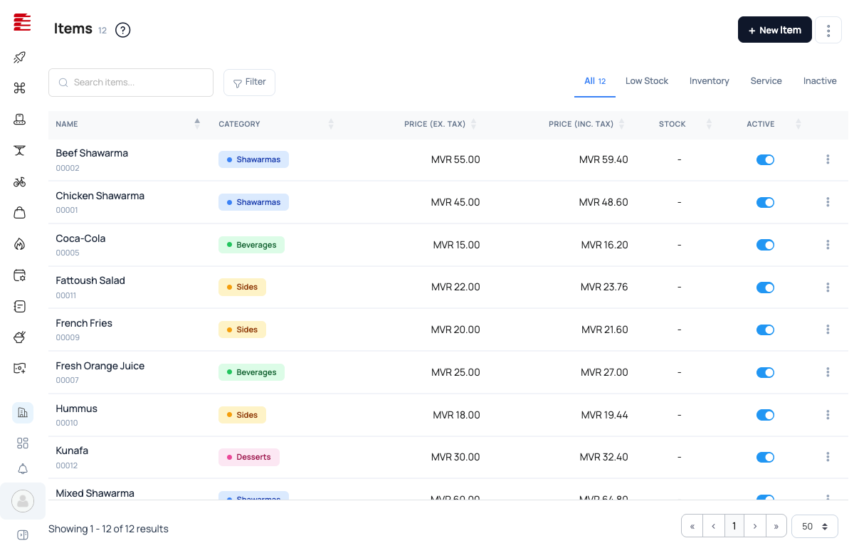 Items list with 12 menu items across 4 categories