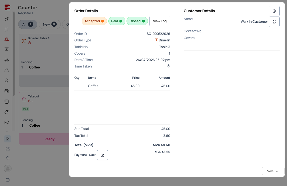 Order Details modal showing Accepted + Paid + Closed status badges — 1× Coffee, MVR 48.60, Payment: Cash