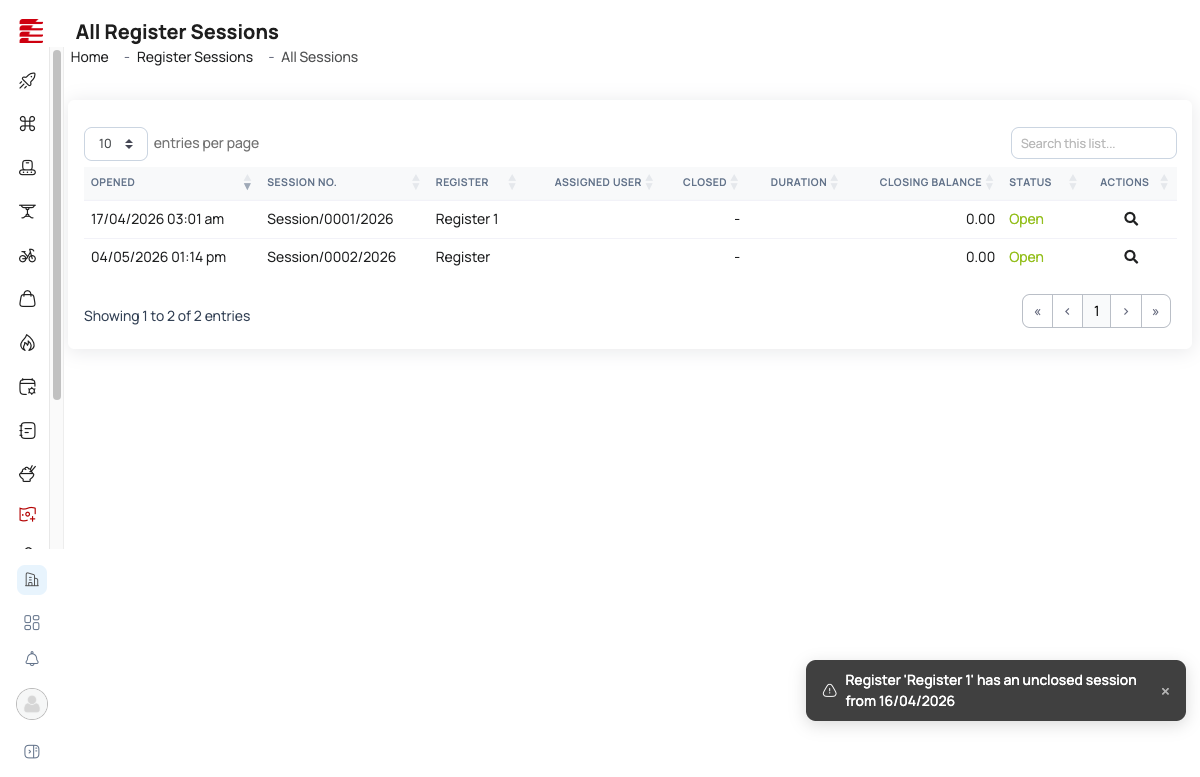 All Register Sessions list — columns: Opened, Session No., Register, Assigned User, Closed, Duration, Closing Balance, Status, Actions