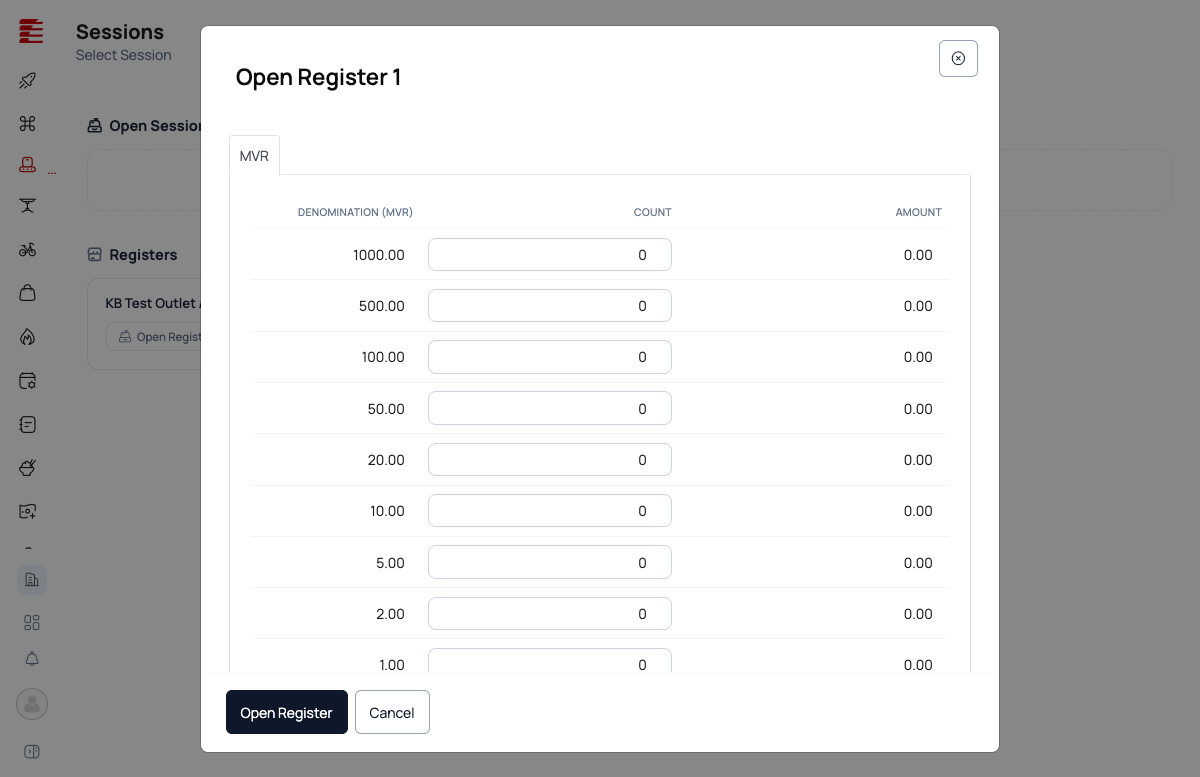 Open Register dialog with denomination breakdown