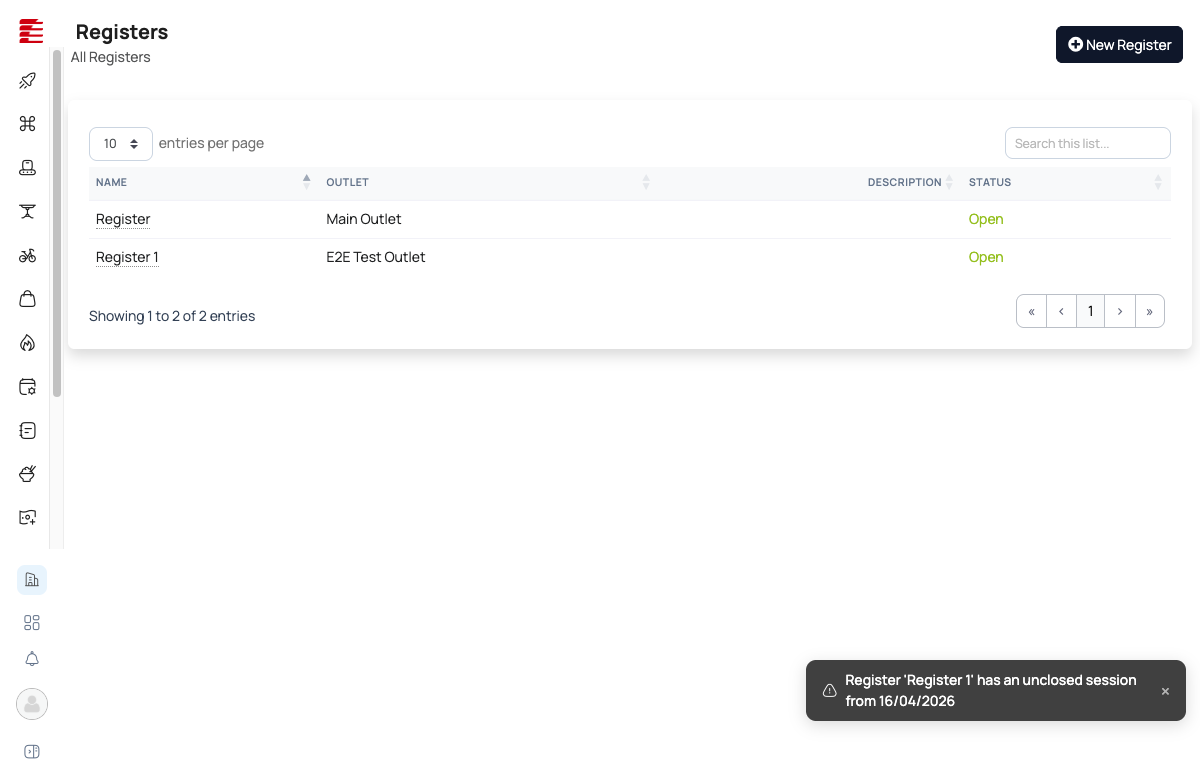 All Registers list — Name, Outlet, Status columns with Register 1 (E2E Test Outlet, Open)