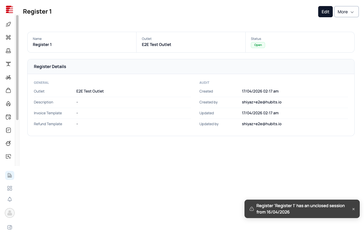 Register 1 detail page — Name, Outlet (E2E Test Outlet), Status (Open), Register Details section with audit info