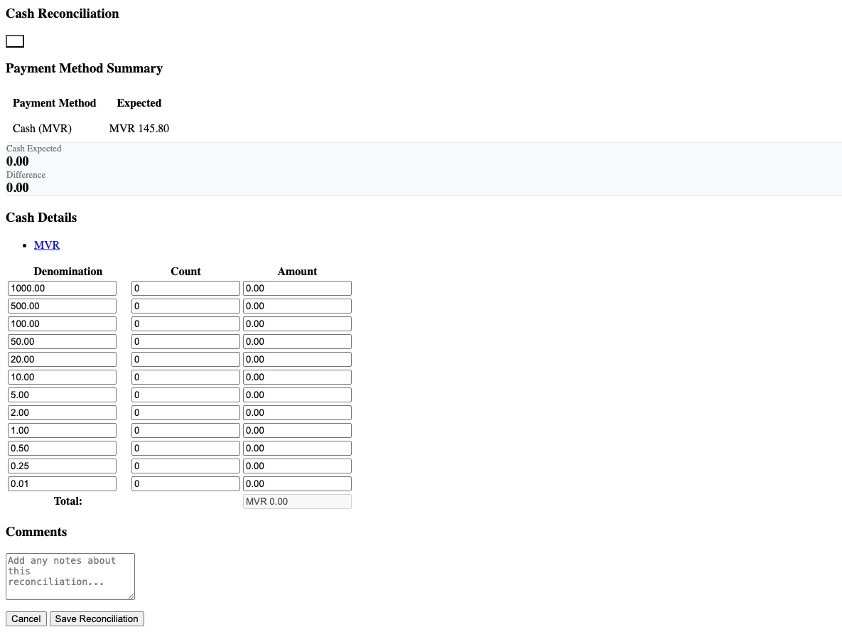 Cash Reconciliation & Handover form — denomination count table with Payment Method Summary and Comments field