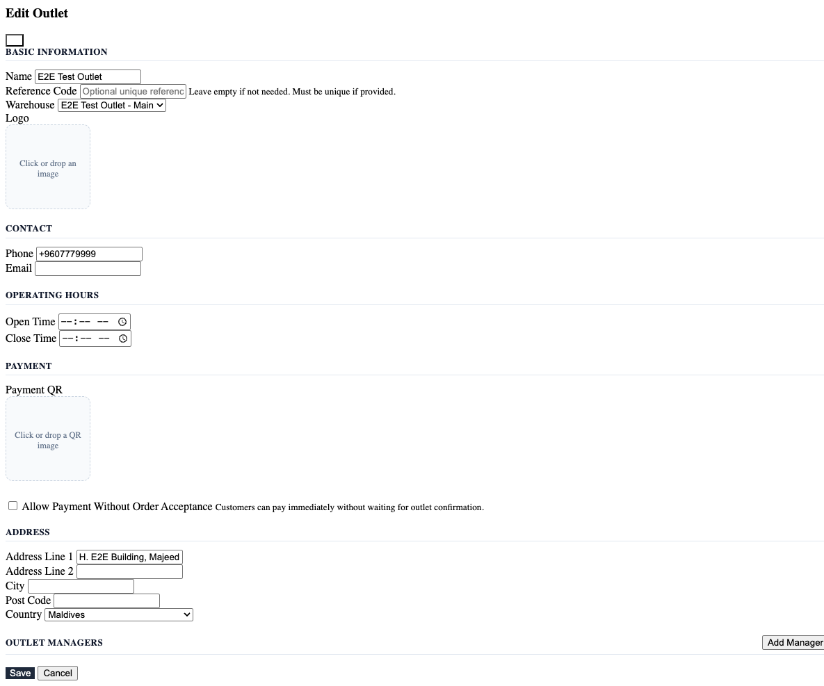 Outlet Edit form — AJAX Logo upload drop zone and Payment QR upload drop zone (commit ee5fa8c)