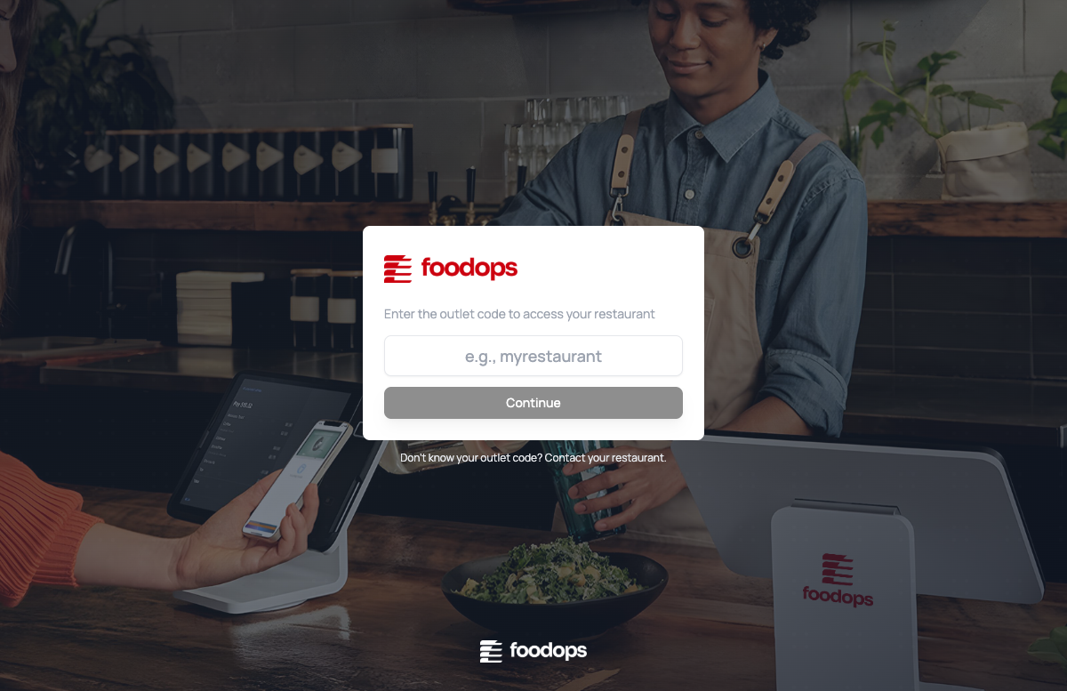 Foodops online ordering — outlet selection page (enter outlet code, Continue button, "Don't know your outlet code?" helper)