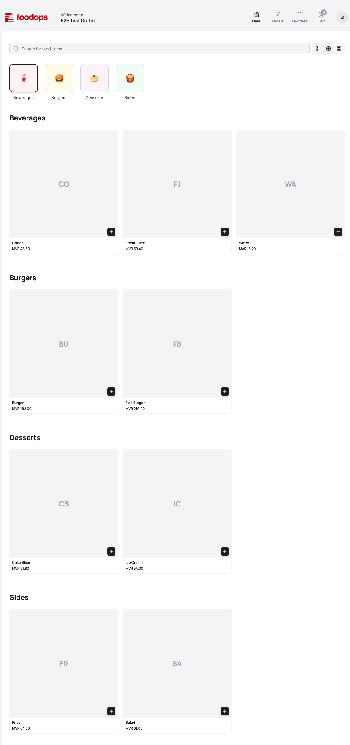 Foodops online ordering — menu page showing header "Welcome to E2E Test Outlet", category pills, search bar, view-mode toggle, and product cards