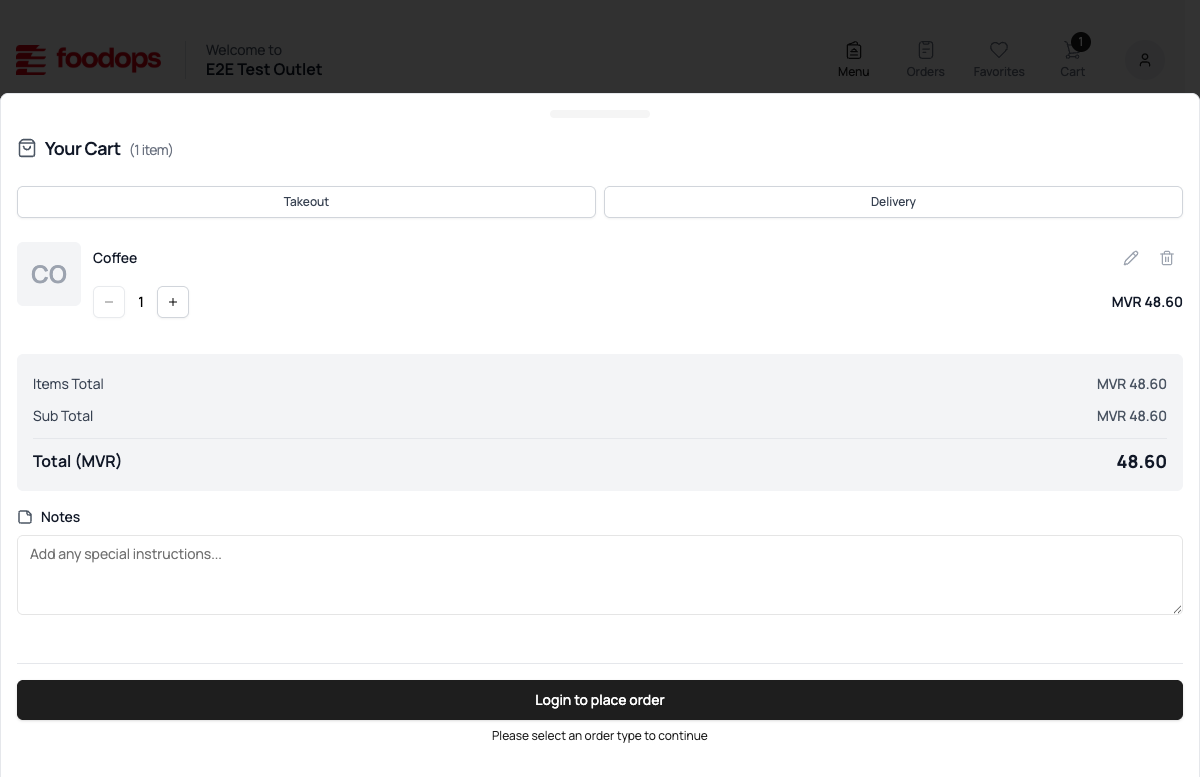 Foodops online ordering — CartSidebar with 1 item (Coffee), Takeout/Delivery order-type buttons, totals, Notes field, "Login to place order" CTA