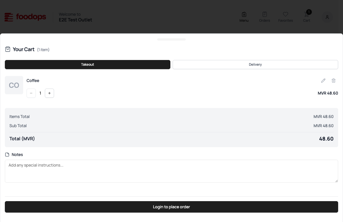 Foodops online ordering — CartSidebar with Takeout order type selected (dark button)