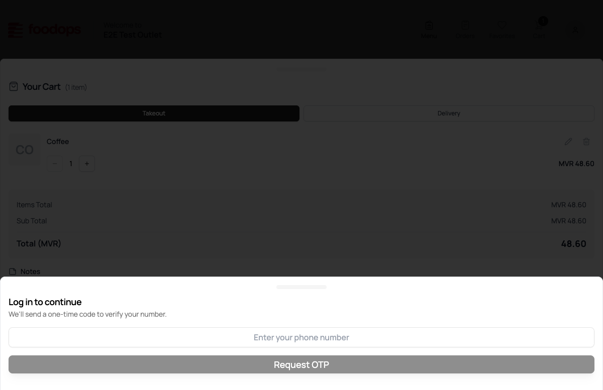 Foodops online ordering — AuthSheet PhoneStep: "Log in to continue", "We'll send a one-time code to verify your number.", phone field, "Request OTP" button