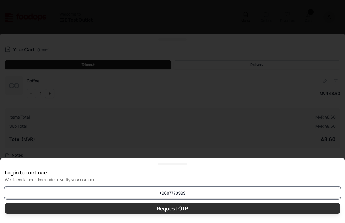 Foodops online ordering — AuthSheet PhoneStep with +9607779999 filled in, "Request OTP" button enabled
