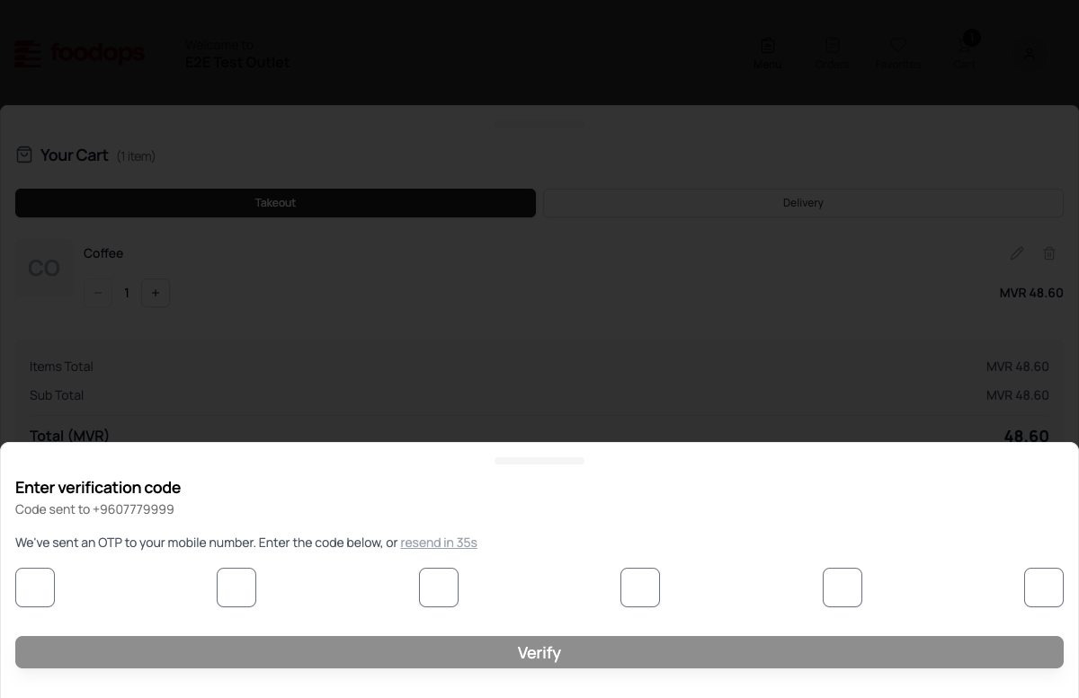 Foodops online ordering — AuthSheet OtpStep: "Enter verification code", "Code sent to +9607779999", 6-digit OTP boxes, "resend in 35s" countdown, "Verify" button