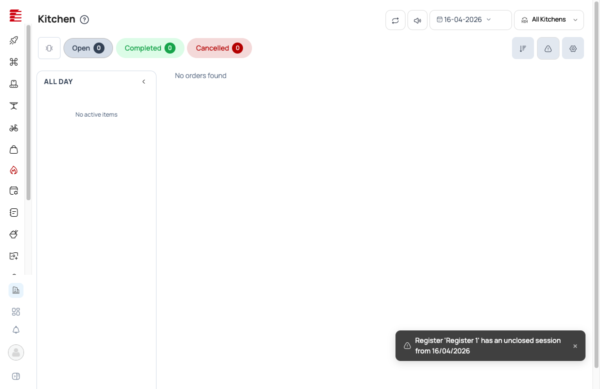 KDS empty state — Open 0 / Completed 0 / Cancelled 0 tabs, All Day section with No active items, right toolbar with sort/alerts/settings