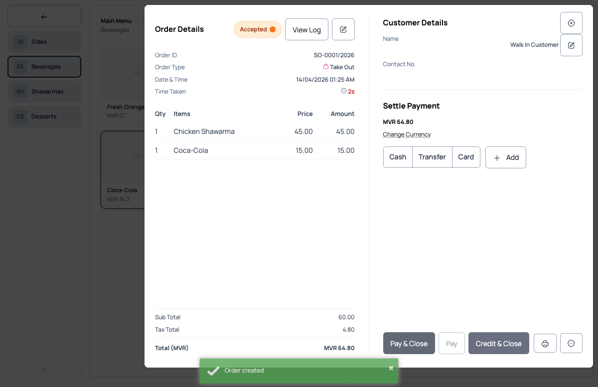 Payment screen with order details and settle payment options