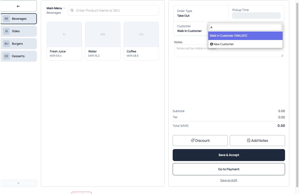 CustomerCombobox dropdown — search field, Walk In Customer (WAL001) highlighted, + New Customer at bottom