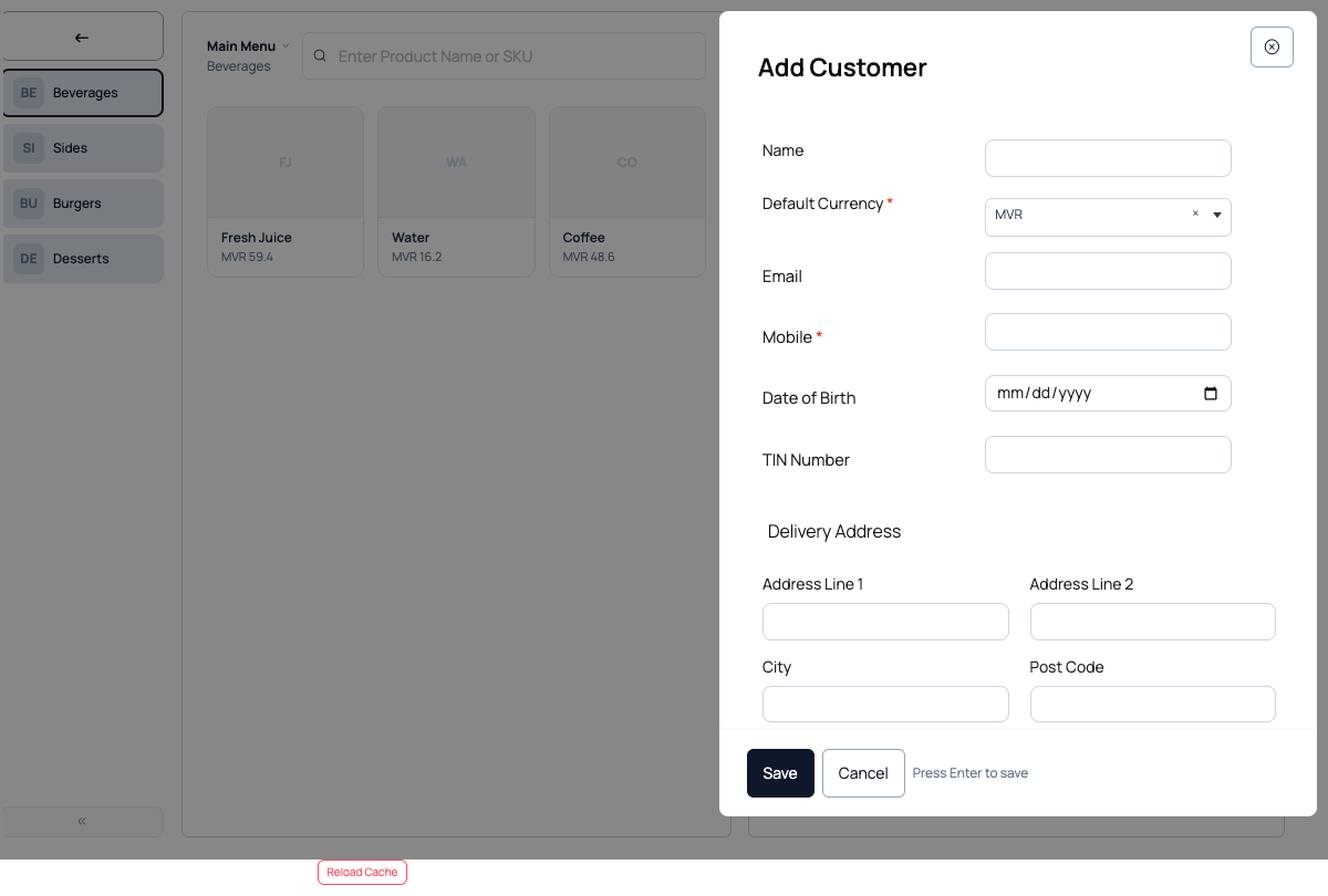 NewCustomerModal — Name/Email/DOB/TIN optional, Mobile+Currency required, Delivery Address section optional