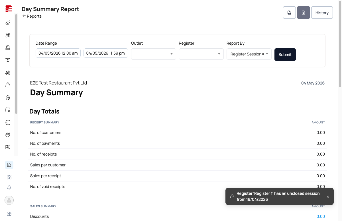 Day Summary Report — Date Range, Outlet, Register, Report By filters; PDF/CSV export + History buttons visible at top-right