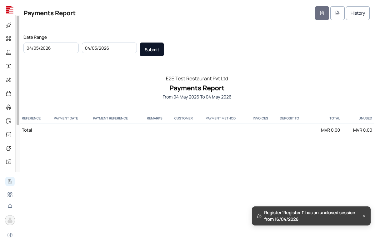 Payments Report — counter-style layout with date-range filter and REFERENCE/PAYMENT DATE/PAYMENT REFERENCE/REMARKS/CUSTOMER/PAYMENT METHOD/INVOICES/DEPOSIT TO/TOTAL/UNUSED columns