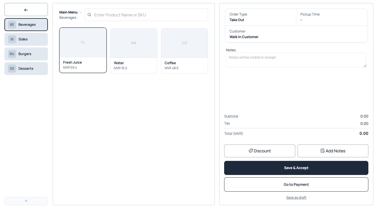 POS counter online baseline — new takeout order form with menu items and order panel