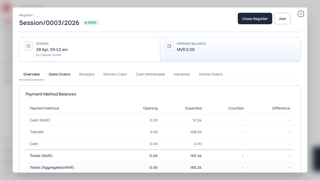 Counter app Session Details modal — Open session, no closing tabs