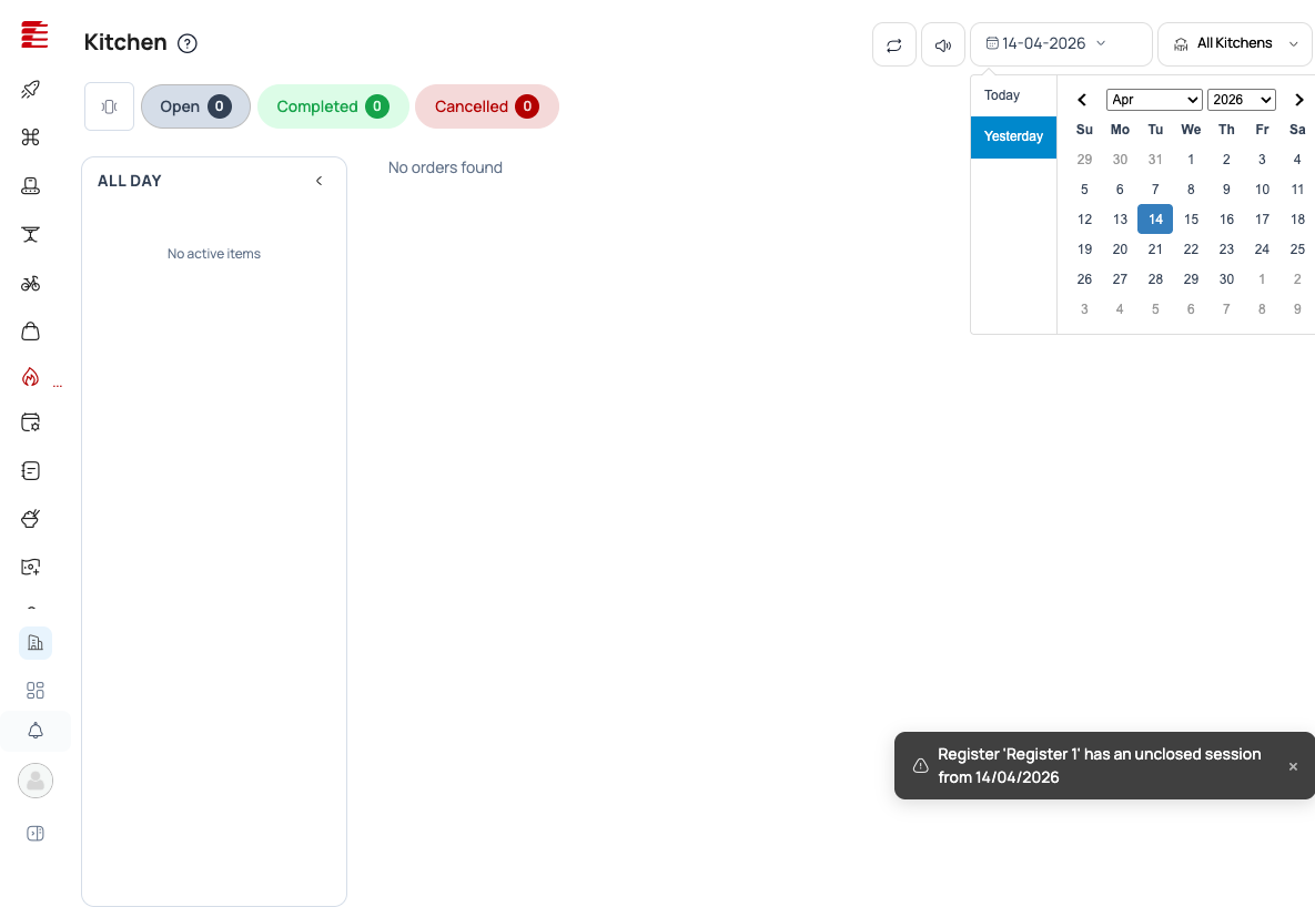 KDS empty state — no orders yet, showing the All Day sidebar, Open/Completed/Cancelled tabs, and the right-side toolbar