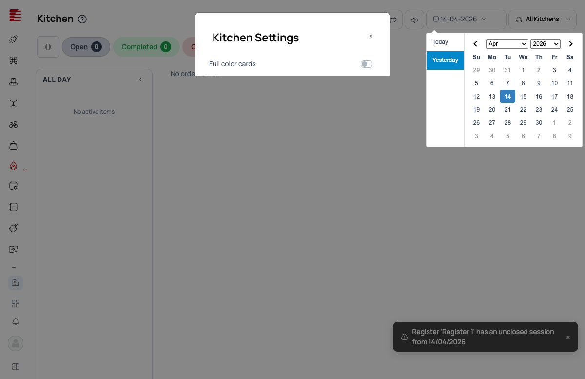Kitchen Settings panel — Full color cards toggle