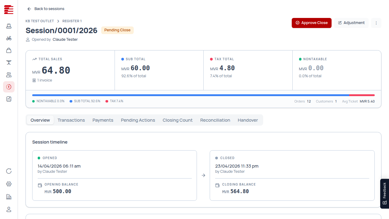 Counter app — Pending Close session details with Approve Close and Adjustment buttons