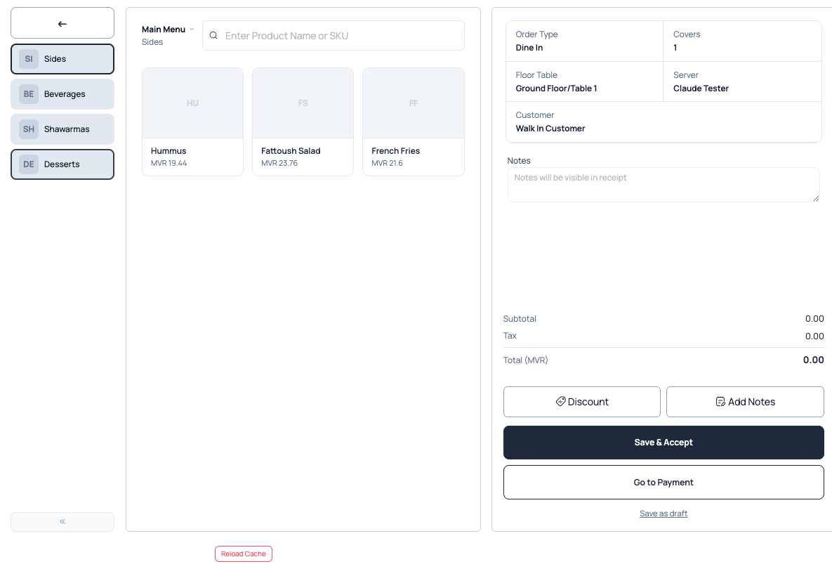 Dine-In order creation — Order Type locked to Dine In, Covers and Server fields appear alongside Floor Table and Customer