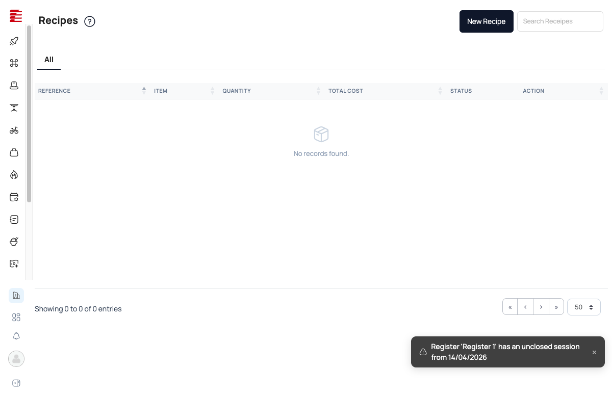 Recipes list — empty state with New Recipe button and standard table columns