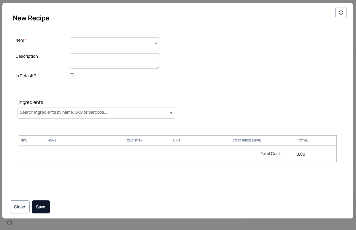 New Recipe modal — Item dropdown, Description, Is Default checkbox, Ingredients picker, and empty ingredient table
