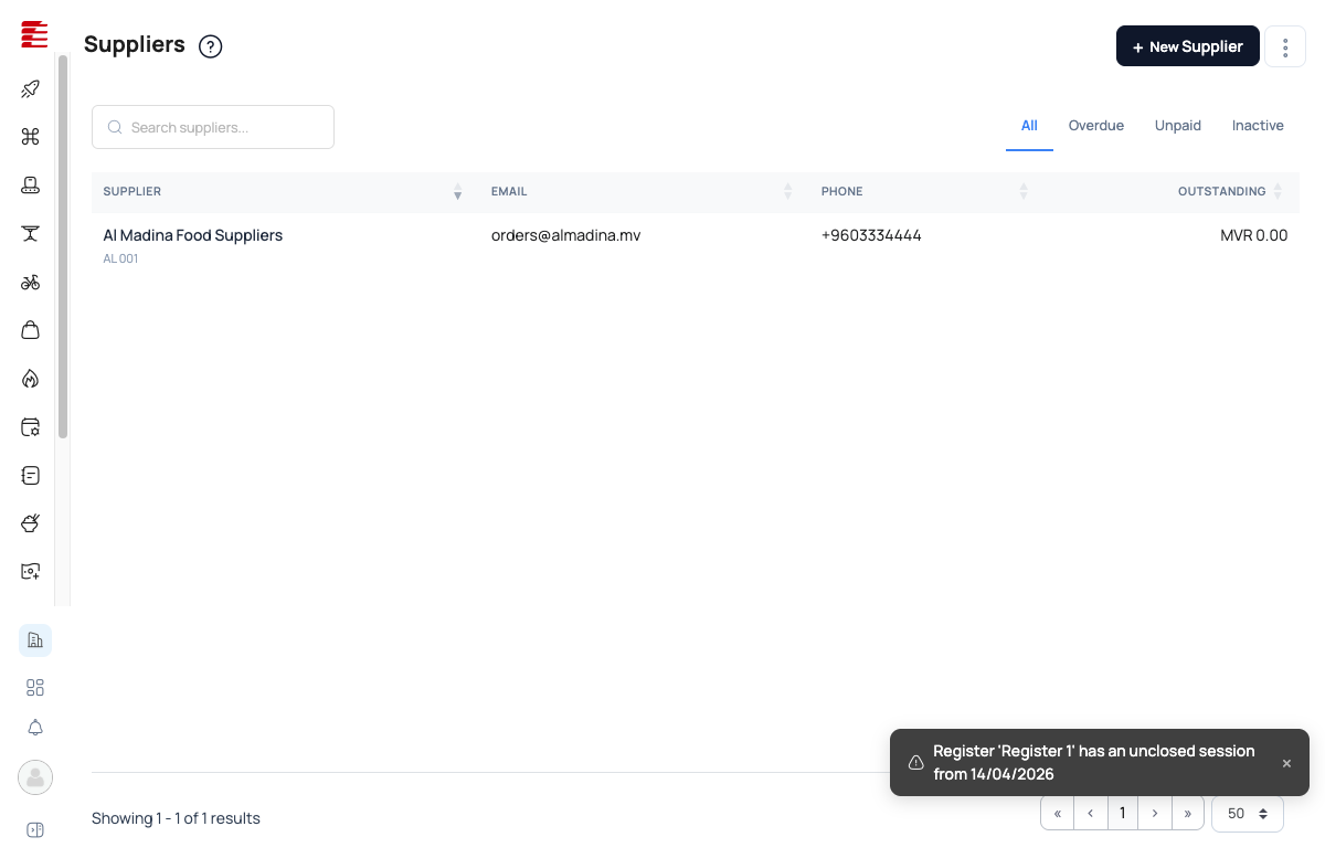 Suppliers list showing one existing supplier with Al Madina Food Suppliers, tab filter (All/Overdue/Unpaid/Inactive), and Outstanding balance column