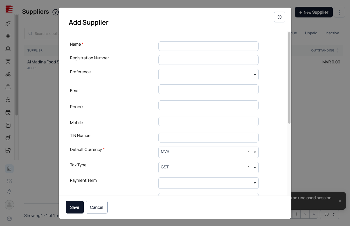 Add Supplier modal — Name, Registration Number, Email/Phone/Mobile, TIN, Default Currency (MVR), Tax Type (GST), Payment Term, Credit Limit, Assigned User, and Billing Address block