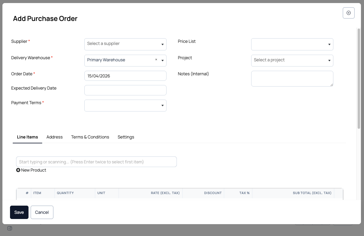 Add Purchase Order modal — header with Supplier, Delivery Warehouse, Order Date, Expected Delivery Date, Payment Terms, Price List, Project, Notes; Line Items tab with item picker and totals table