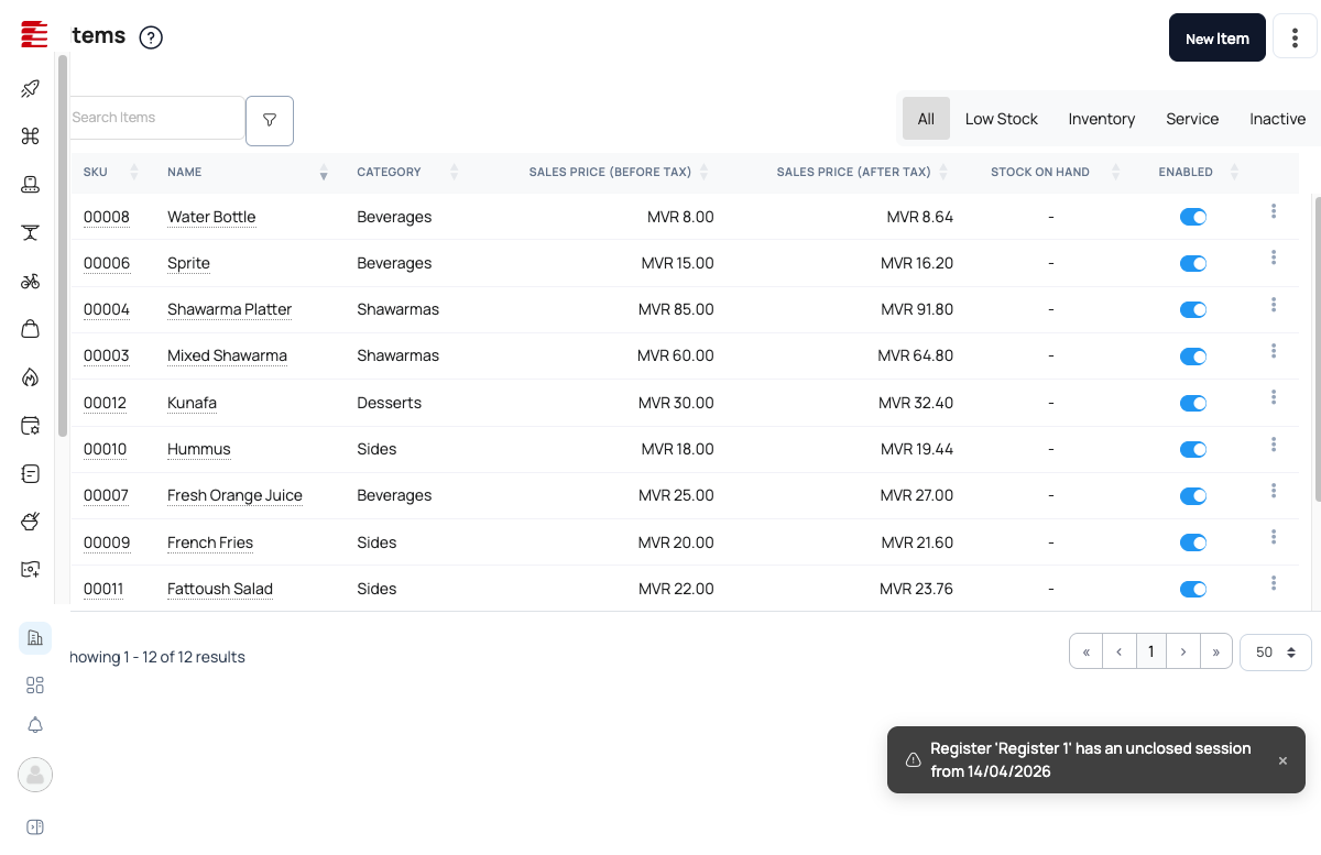 Items list with 12 products across categories Shawarmas/Beverages/Sides/Desserts, showing SKU, name, category, before-tax and after-tax prices, stock-on-hand, enabled toggle