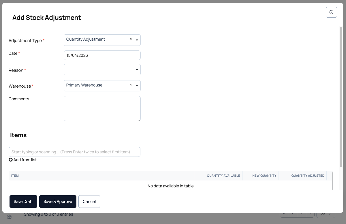 Add Stock Adjustment modal with Adjustment Type, Date, Reason dropdown (Stolen Goods/Stocktaking Results/Stock Written Off/Stock On Fire/Damaged Goods/Custom), Warehouse selector, Comments, and items table with Quantity Available/New Quantity/Quantity Adjusted columns
