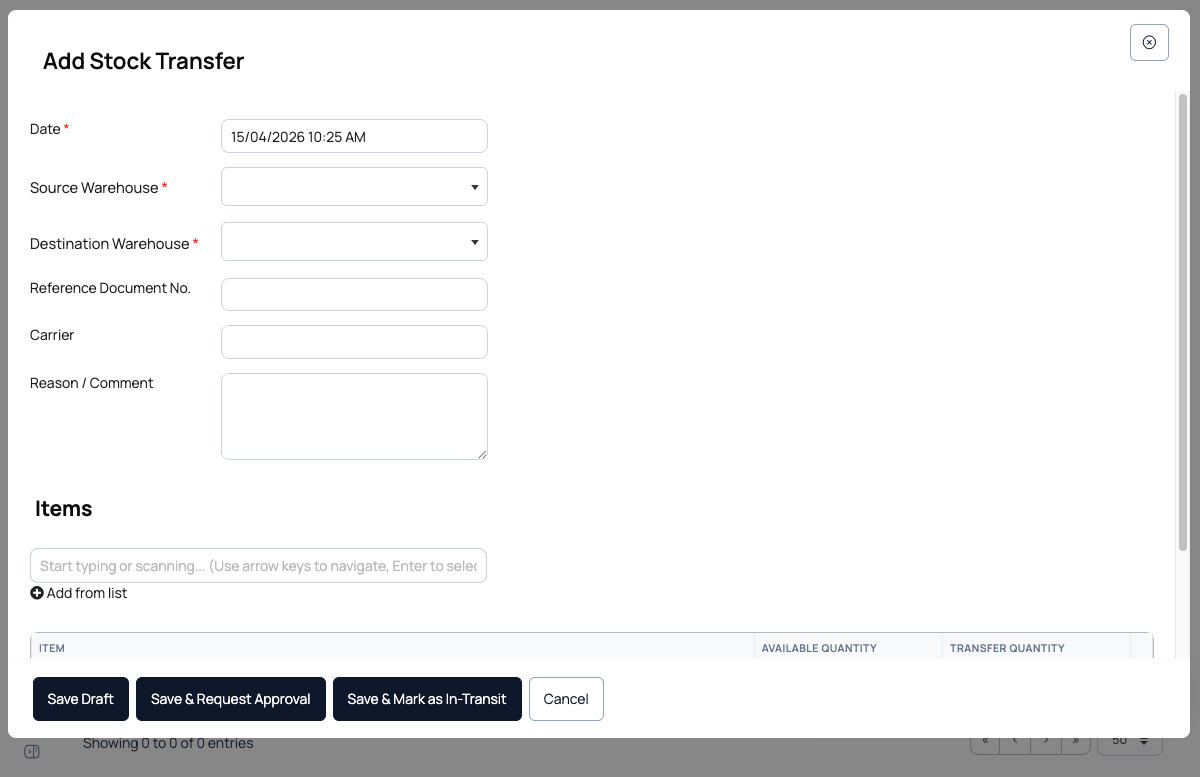 Add Stock Transfer form (pre-2026-07 modal screenshot — the flow is now a dedicated page and the FoodOps footer renders two save buttons: Save Draft / Save & Submit) with Date, Source Warehouse, Destination Warehouse, Reference Document No., Carrier, Reason/Comment, items table with Item/Available Quantity/Transfer Quantity