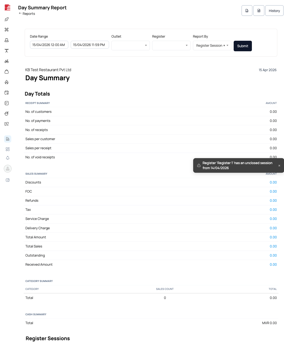Day Summary report showing Receipt Summary (no. of customers/payments/receipts, per-customer/receipt averages, voids), Sales Summary (discounts, FOC, refunds, tax, service charge, delivery charge, totals, outstanding, received), Category Summary, Cash Summary by register session