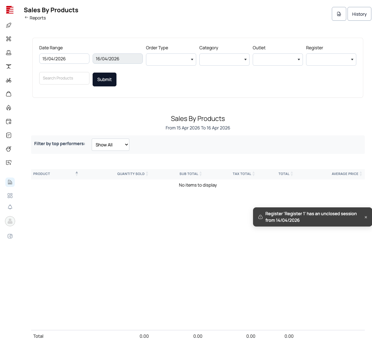Sales By Products with Date Range, Order Type multi-select (Dine-In/Takeout/Delivery), Category multi-select, Outlet, Register filters. Main table columns: PRODUCT, QUANTITY SOLD, SUB TOTAL, TAX TOTAL, TOTAL, AVERAGE PRICE. Top-N% filter (Show All/Top 10%/15%/20%/30%/40%)