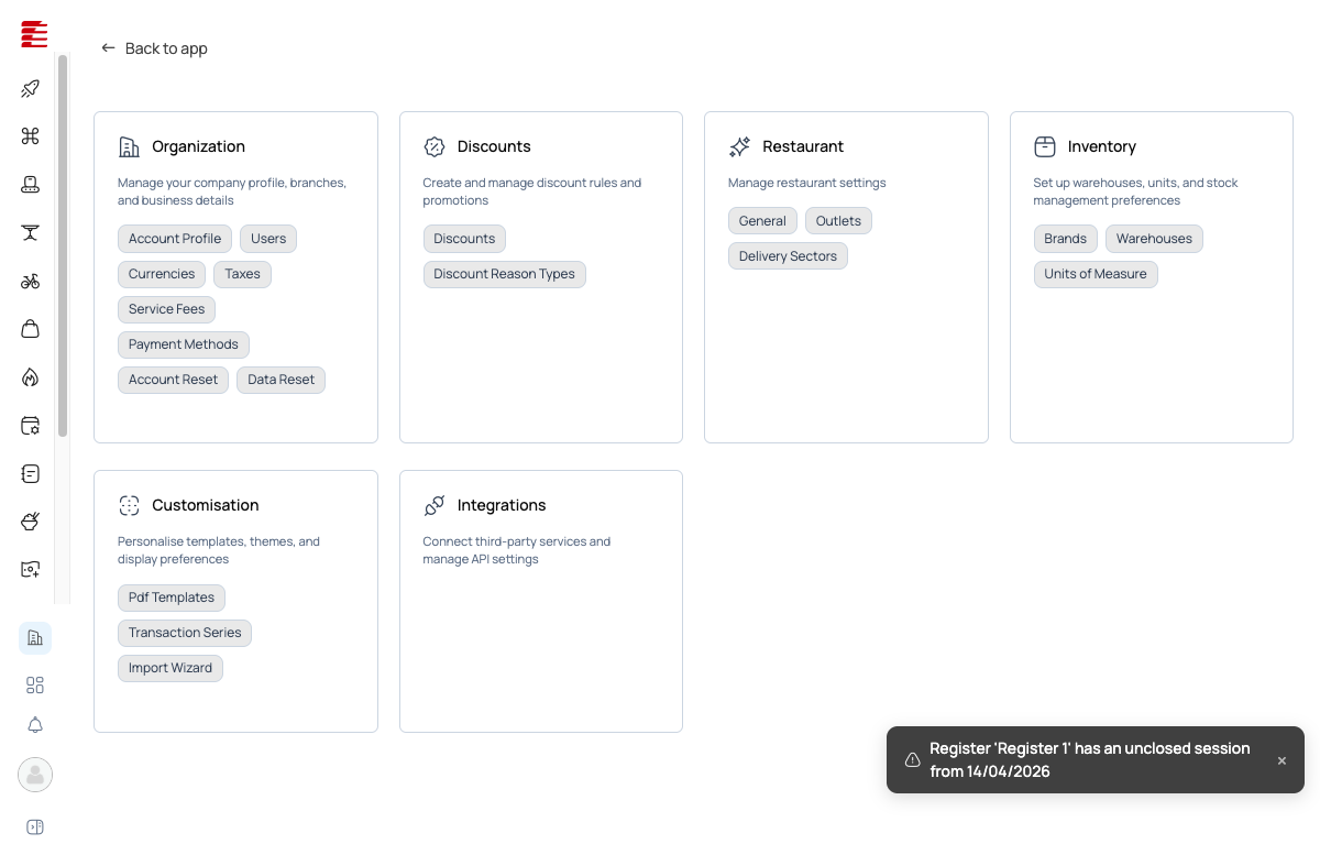 Settings hub — LEGACY app.foodops.io landing (retired); new grouping is Organization / Accounting / Discounts / Outlets / Inventory / Customisation / Integrations