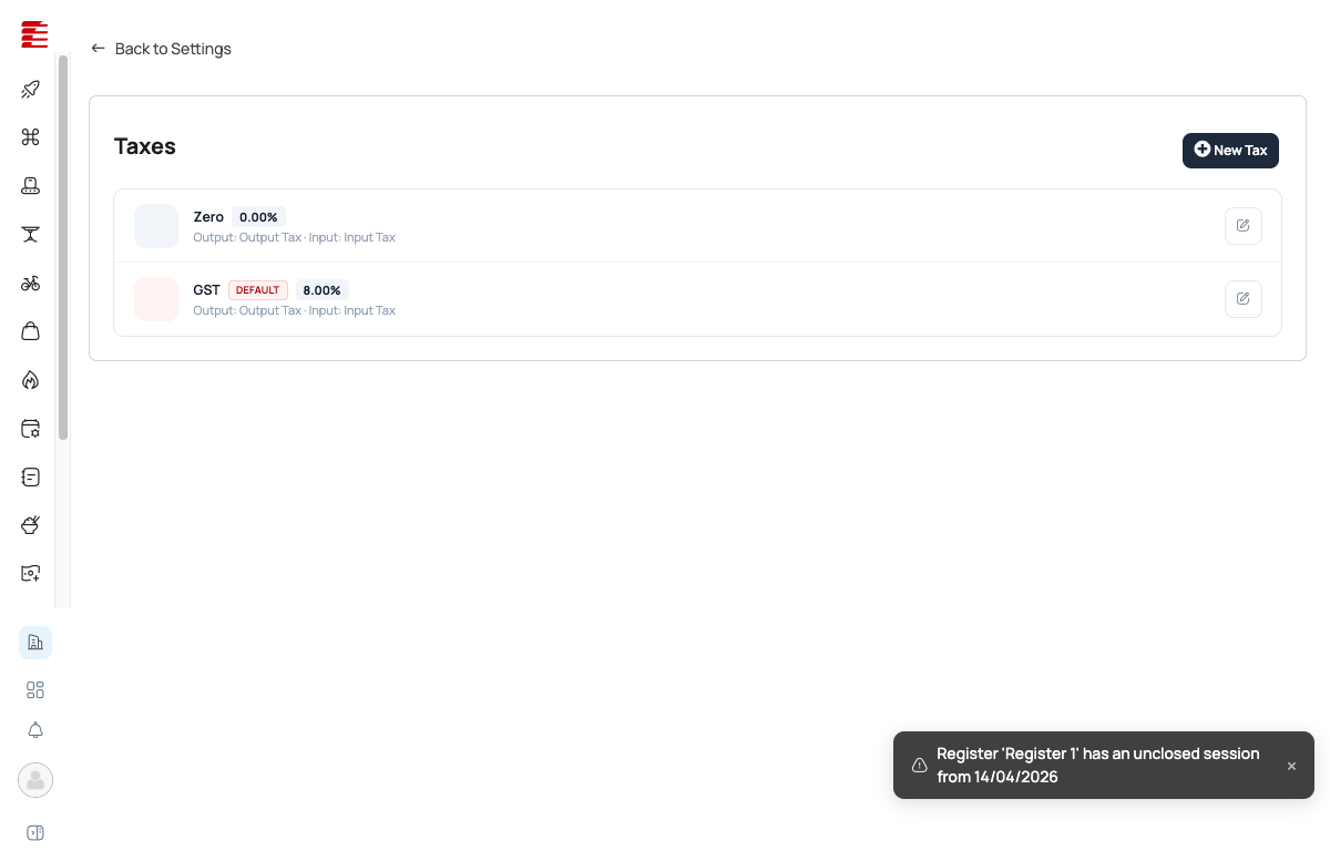 Taxes page showing Zero (0.00%) and GST (8.00%, DEFAULT), both with Output: Output Tax / Input: Input Tax tagging