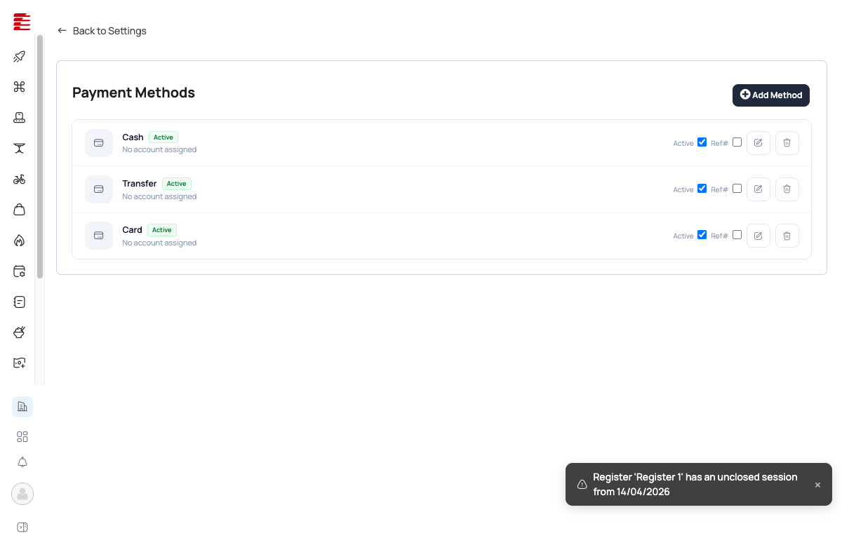 Payment Methods page with Cash/Transfer/Card all Active; columns Name / Active / Reference no / Order / Actions; an Add payment method button for custom methods