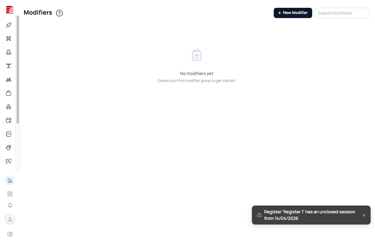 Modifiers page empty state — no groups created yet, prompt to create first group, New Modifier button