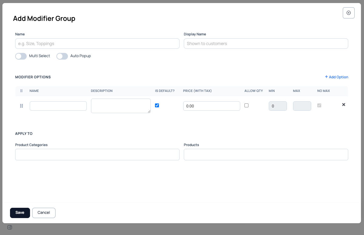 Add Modifier Group modal — fields for Name, Display Name, Multi Select, Auto Popup, options table with Name/Description/Is Default/Price/Allow Qty/Min/Max/No Max, and Apply To section with product-category multi-select (Beverages/Desserts/Shawarmas/Sides) plus product multi-select