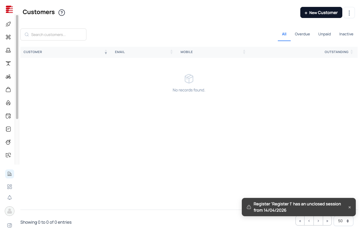 Customers list — 5 tab filters (Active/Inactive/Overdue/Unpaid/All) and columns Customer/Reference/Contact/Outstanding/Credits