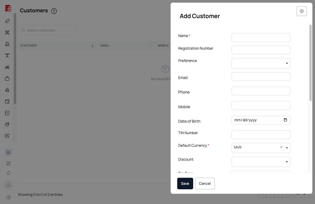 Add Customer modal — Name, Registration Number, Preference, Email/Phone/Mobile, Date of Birth, TIN, Default Currency, Discount, Tax Type, Payment Term, Credit Limit, Assigned User, Billing Address